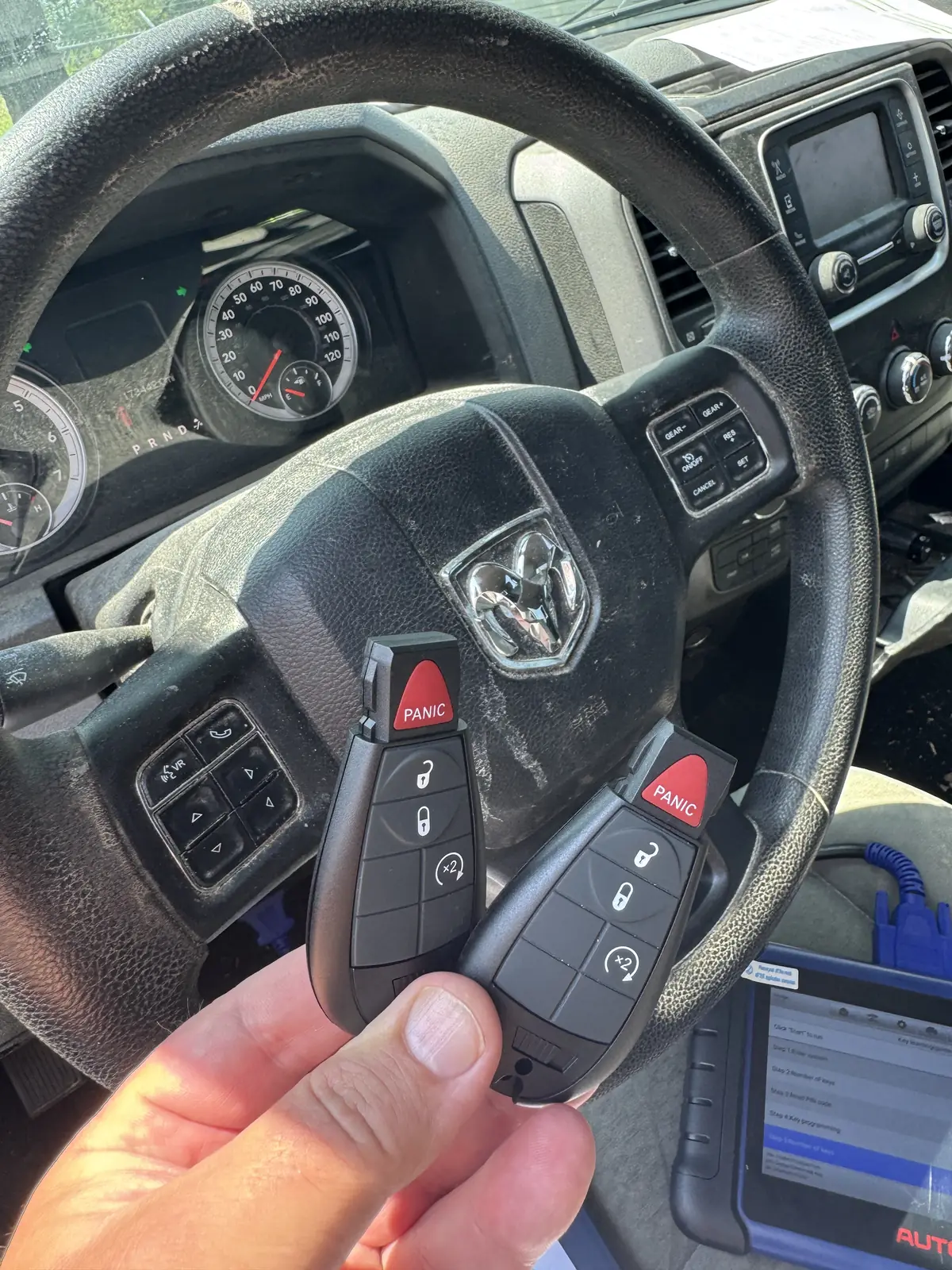 Two replacement Dodge Ram Fobik keys cut and programmed on-site in Marshville, NC